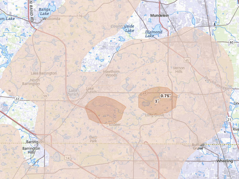 Radar-estimated hail-size map of the storm over Lake Zurich, IL on Aug 9, 2026