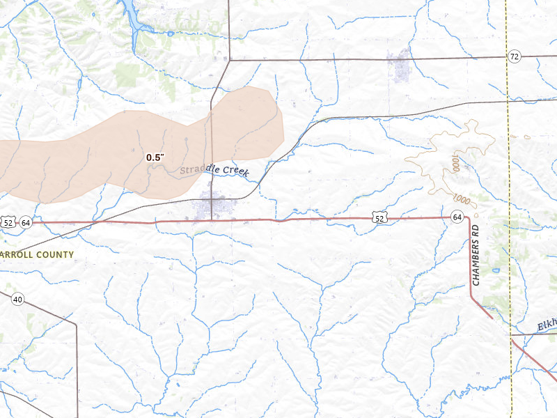Radar-estimated hail-size map of the storm over Lanark, IL on Jul 3, 2026