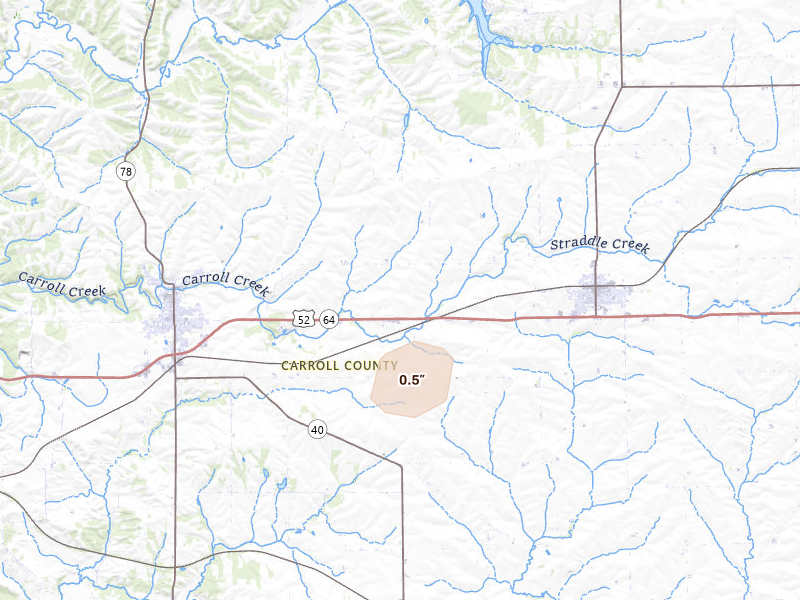 Radar-estimated hail-size map of the storm over Lanark, IL on Aug 11, 2026