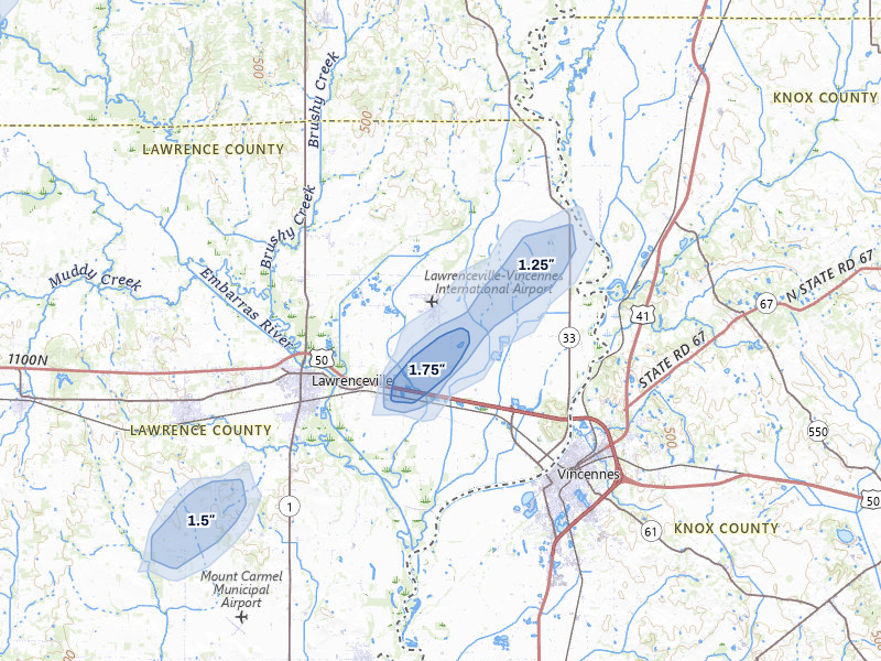 NEXRAD radar-signature map of the hail storm over Lawrenceville, IL on Jan 8, 2026