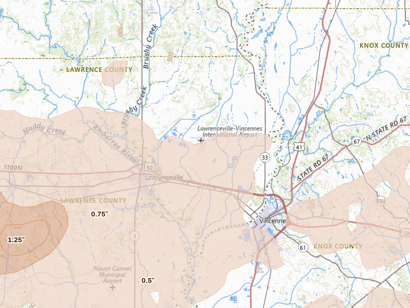 Radar-estimated hail-size map of the storm over Lawrenceville, IL on Apr 27, 2026