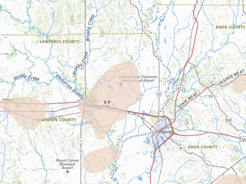 Radar-estimated hail-size map of the storm over Lawrenceville, IL on May 16, 2026