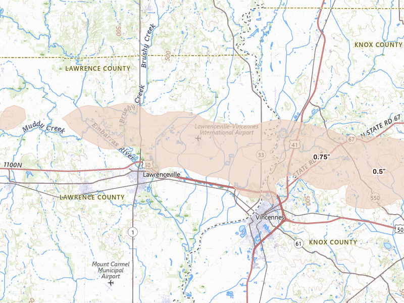 Radar-estimated hail-size map of the storm over Lawrenceville, IL on Jun 17, 2026
