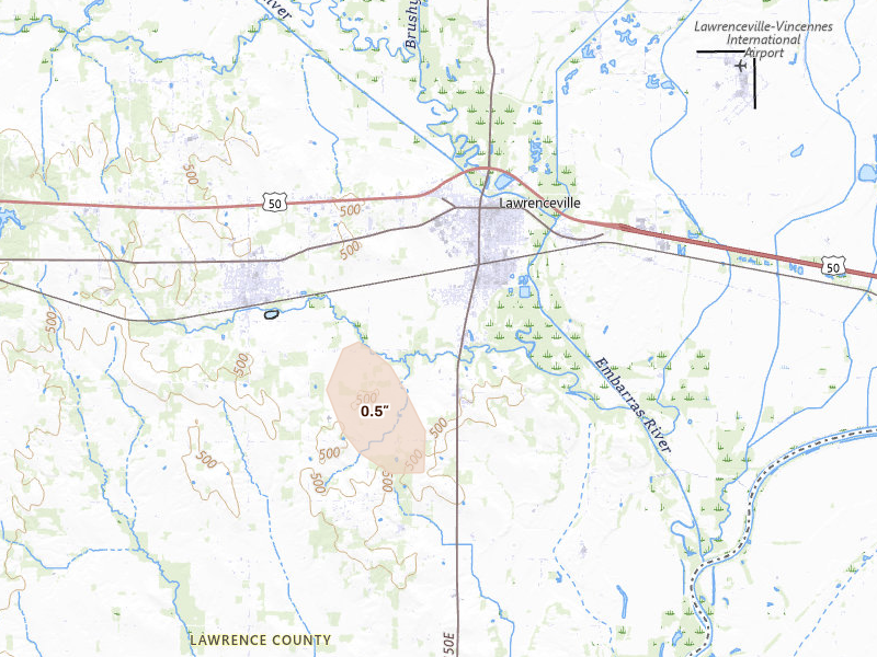 Radar-estimated hail-size map of the storm over Lawrenceville, IL on Jul 26, 2026