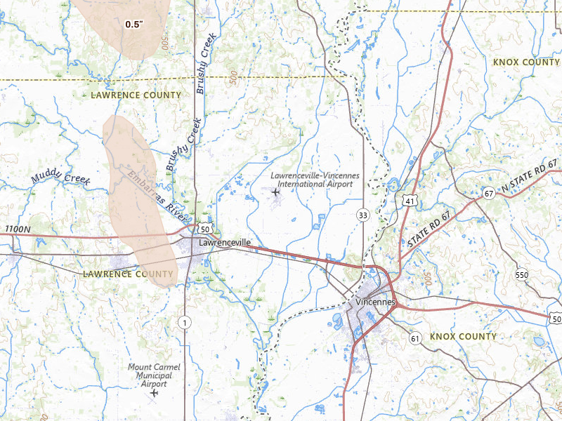 Radar-estimated hail-size map of the storm over Lawrenceville, IL on Jul 27, 2026