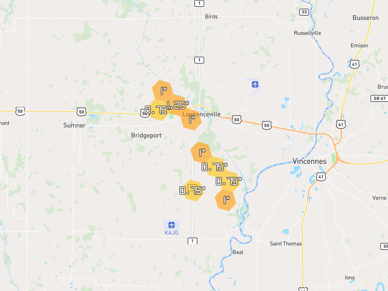 Hail map of Lawrenceville, IL on Jul 28, 2026, hail up to 1.25"