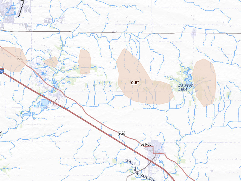 Radar-estimated hail-size map of the storm over Le Roy, IL on Mar 26, 2026
