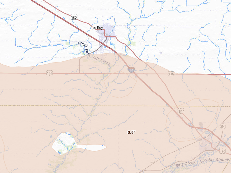 Radar-estimated hail-size map of the storm over Le Roy, IL on Aug 11, 2026
