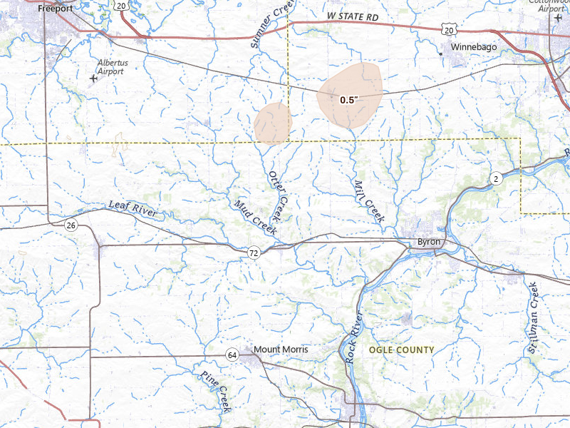 Radar-estimated hail-size map of the storm over Leaf River, IL on Apr 15, 2026