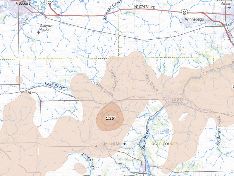 Radar-estimated hail-size map of the storm over Leaf River, IL on Jun 10, 2026