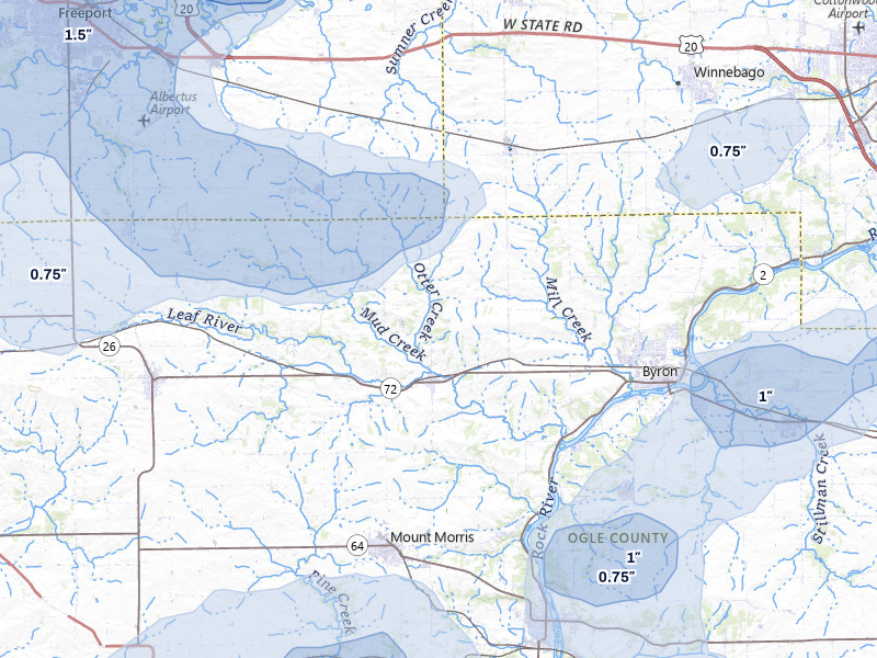 NEXRAD radar-signature map of the hail storm over Leaf River, IL on Jul 3, 2026