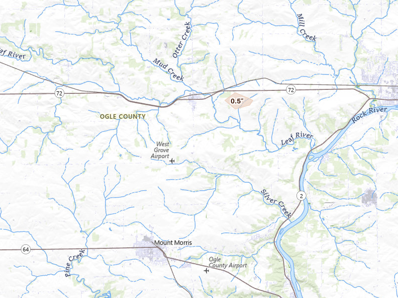 Radar-estimated hail-size map of the storm over Leaf River, IL on Aug 21, 2026