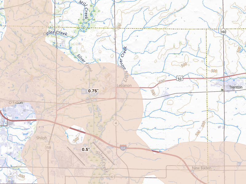Radar-estimated hail-size map of the storm over Lebanon, IL on May 31, 2026