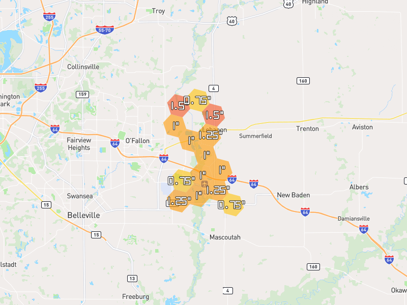 Hail map of Lebanon, IL on Jun 1, 2026, hail up to 1.5"