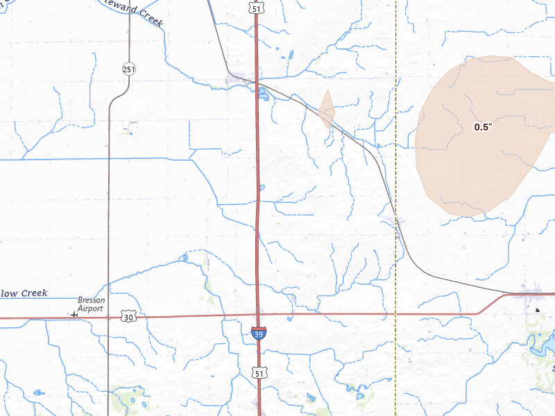 Radar-estimated hail-size map of the storm over Lee, IL on Jul 4, 2026