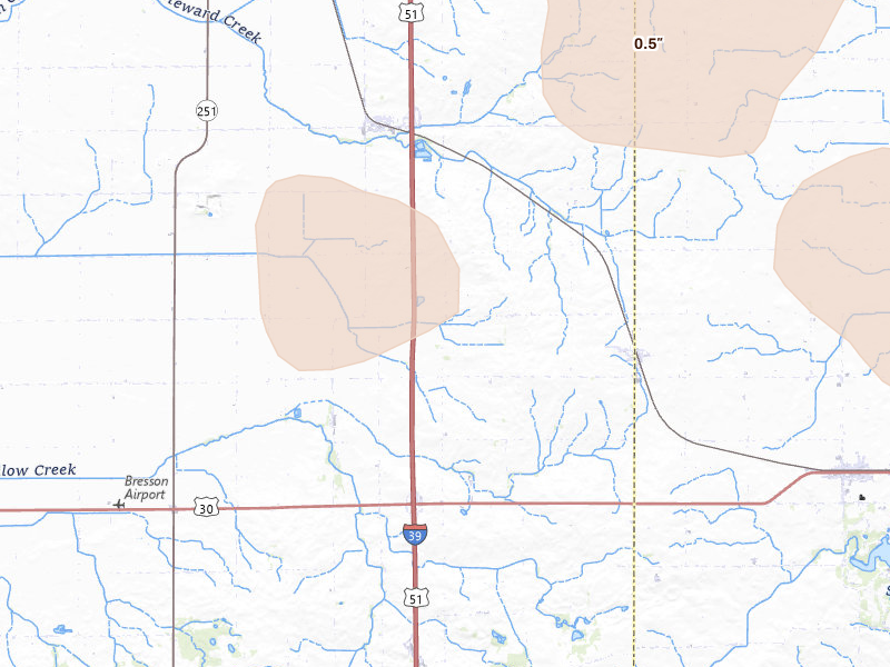Radar-estimated hail-size map of the storm over Lee, IL on Aug 11, 2026