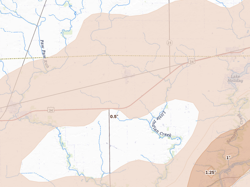 Radar-estimated hail-size map of the storm over Leland, IL on Mar 10, 2026