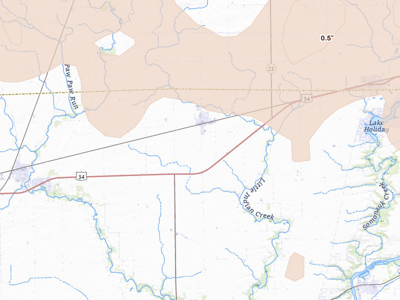 Radar-estimated hail-size map of the storm over Leland, IL on Jul 2, 2026