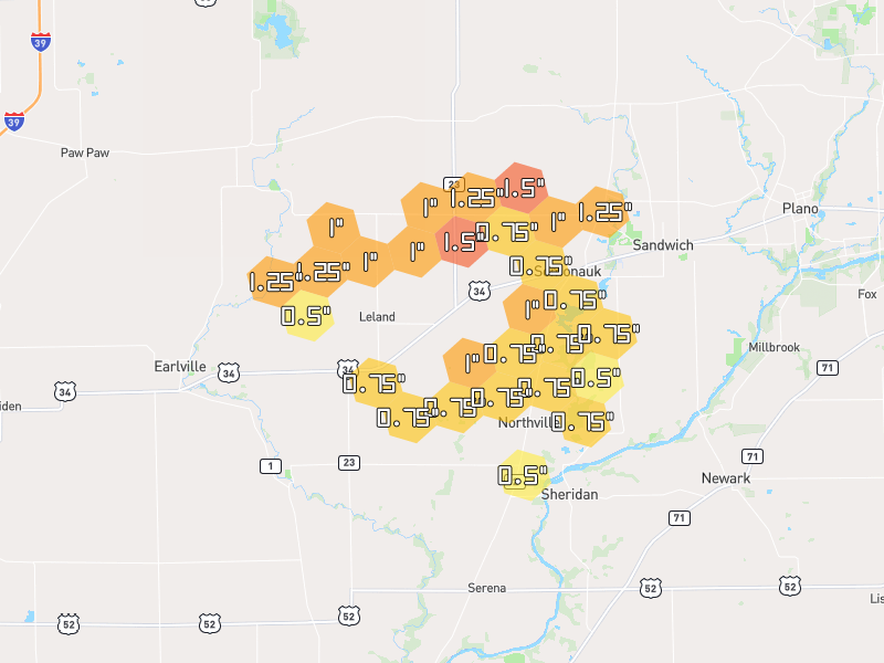 Hail map of Leland, IL on Jul 3, 2026, hail up to 1.5"