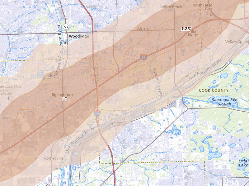 Radar-estimated hail-size map of the storm over Lemont, IL on Mar 10, 2026