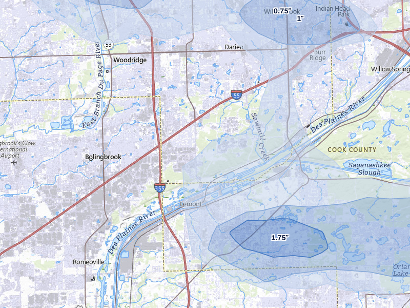 NEXRAD radar-signature map of the hail over Lemont, IL
