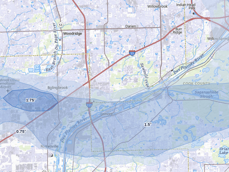 NEXRAD radar-signature map of the hail storm over Lemont, IL on Mar 30, 2026
