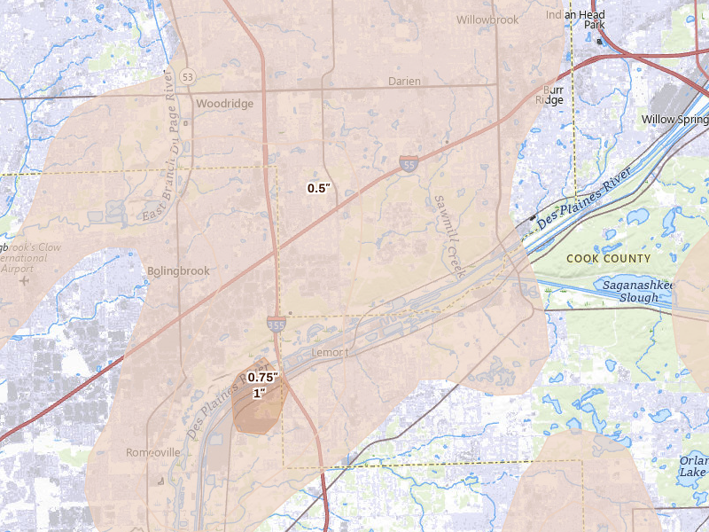 Radar-estimated hail-size map of the storm over Lemont, IL on Jun 10, 2026