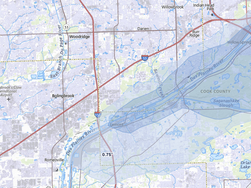NEXRAD radar-signature map of the hail storm over Lemont, IL on Jul 3, 2026