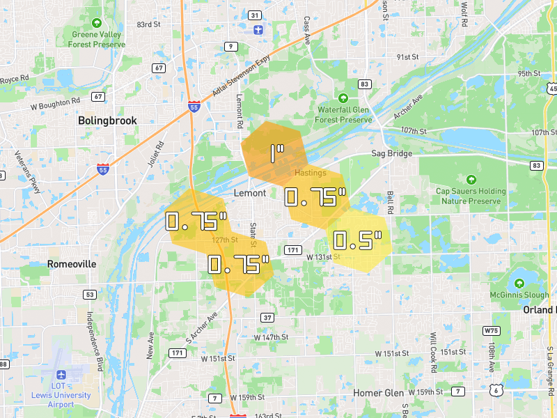 Hail map of Lemont, IL on Jul 3, 2026, hail up to 1"