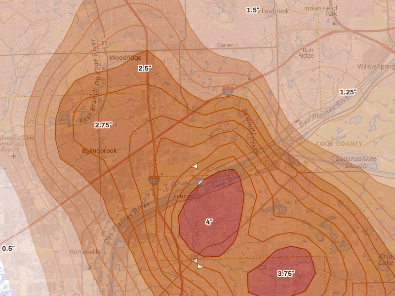 Radar-estimated hail-size map of the storm over Lemont, IL on Jul 27, 2026