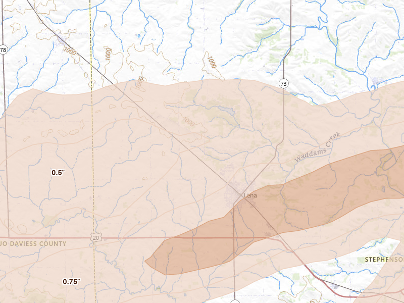 Radar-estimated hail-size map of the storm over Lena, IL on Mar 10, 2026