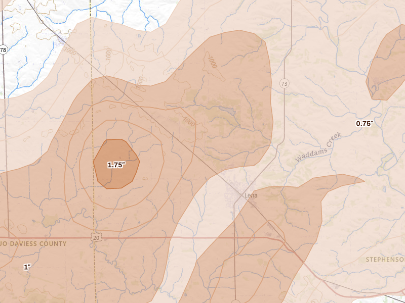 Radar-estimated hail-size map of the storm over Lena, IL on Apr 17, 2026