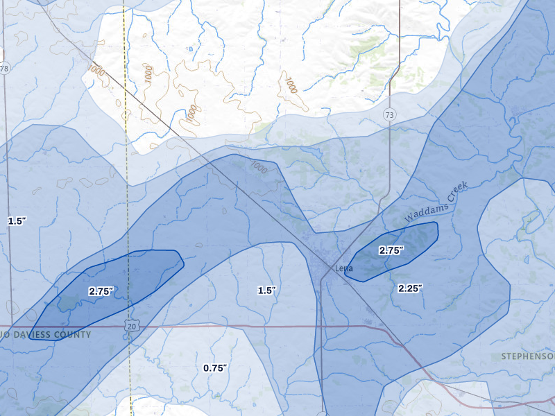 NEXRAD radar-signature map of the hail over Lena, IL