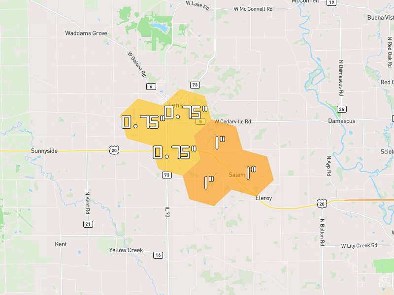Hail map of Lena, IL on Jul 3, 2026, hail up to 1"