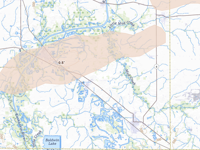 Radar-estimated hail-size map of the storm over Lenzburg, IL on Jul 10, 2026