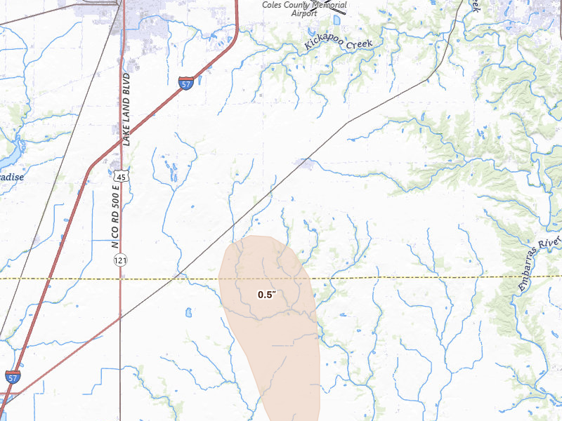 Radar-estimated hail-size map of the storm over Lerna, IL on Jul 27, 2026