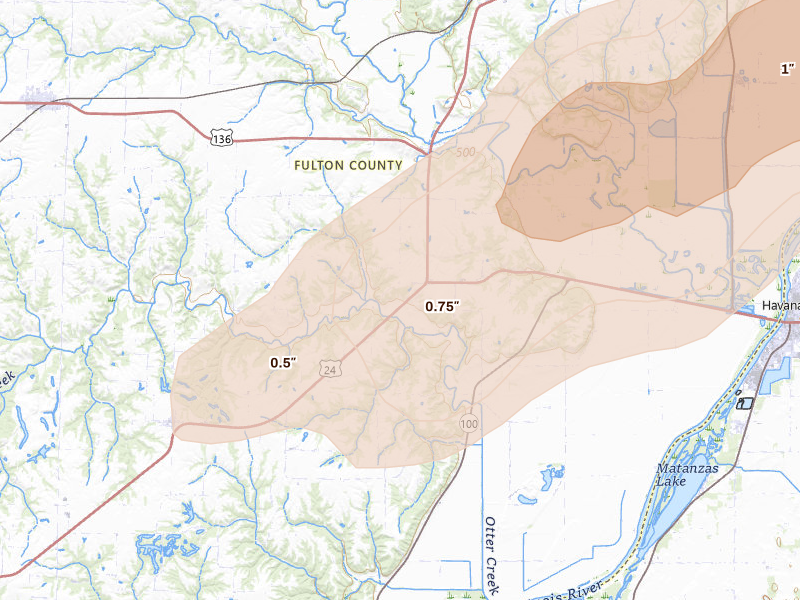 Radar-estimated hail-size map of the storm over Lewistown, IL on Mar 10, 2026