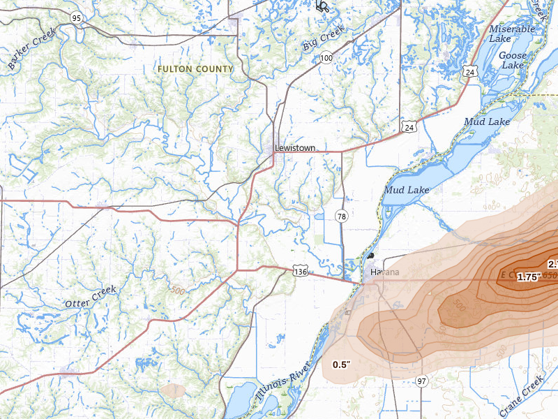 Radar-estimated hail-size map of the storm over Lewistown, IL on Apr 3, 2026