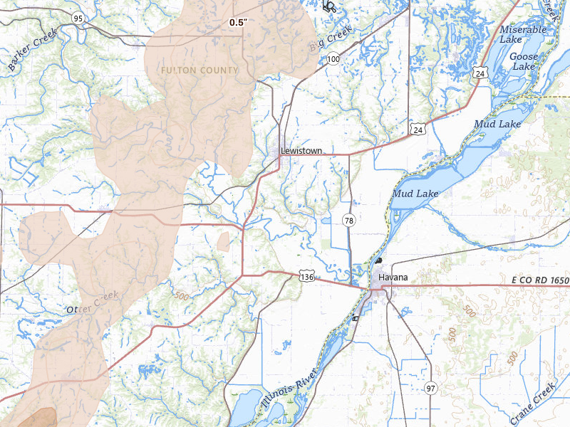 Radar-estimated hail-size map of the storm over Lewistown, IL on Apr 17, 2026