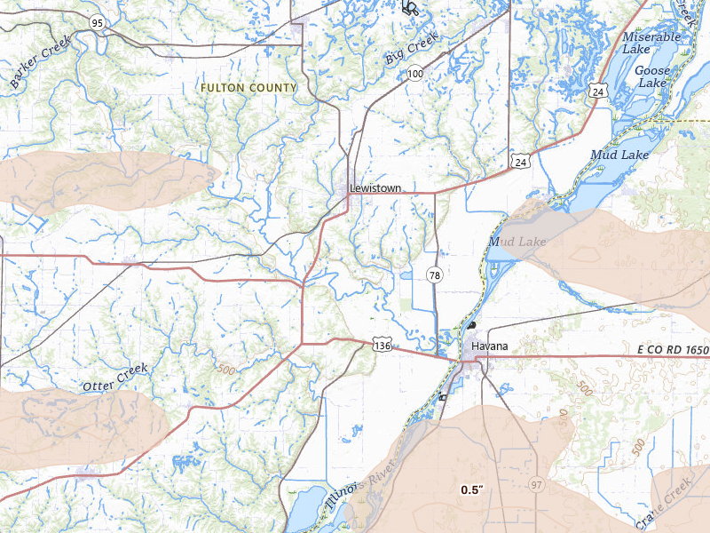 Radar-estimated hail-size map of the storm over Lewistown, IL on May 4, 2026