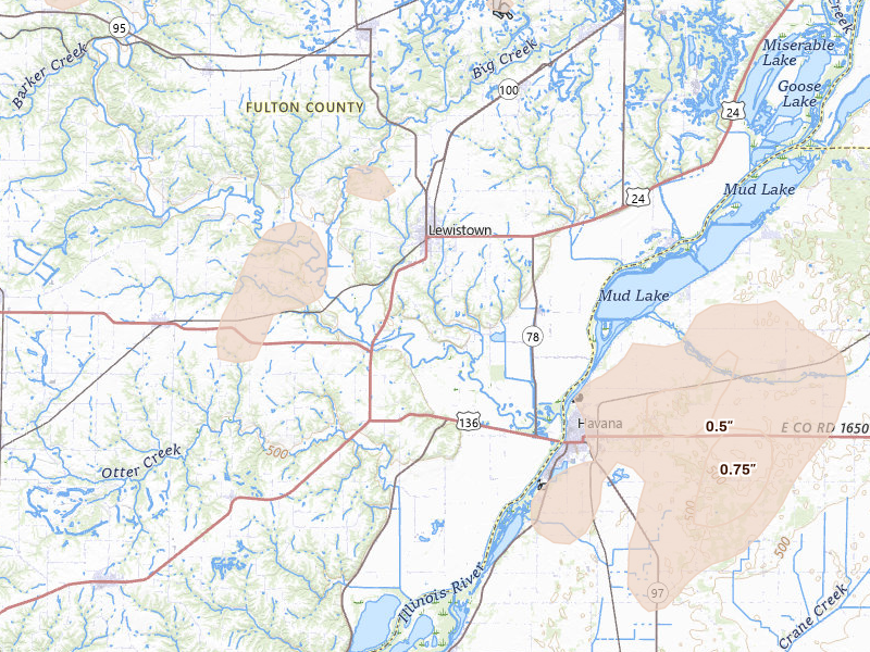 Radar-estimated hail-size map of the storm over Lewistown, IL on Jun 10, 2026