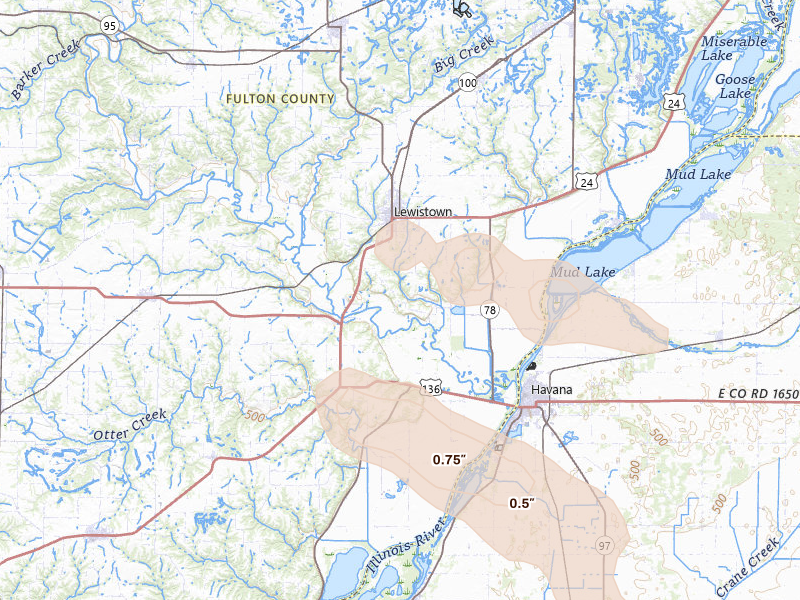 Radar-estimated hail-size map of the storm over Lewistown, IL on Aug 21, 2026
