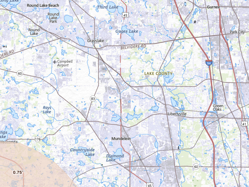 Radar-estimated hail-size map of the storm over Libertyville, IL on Jun 5, 2026