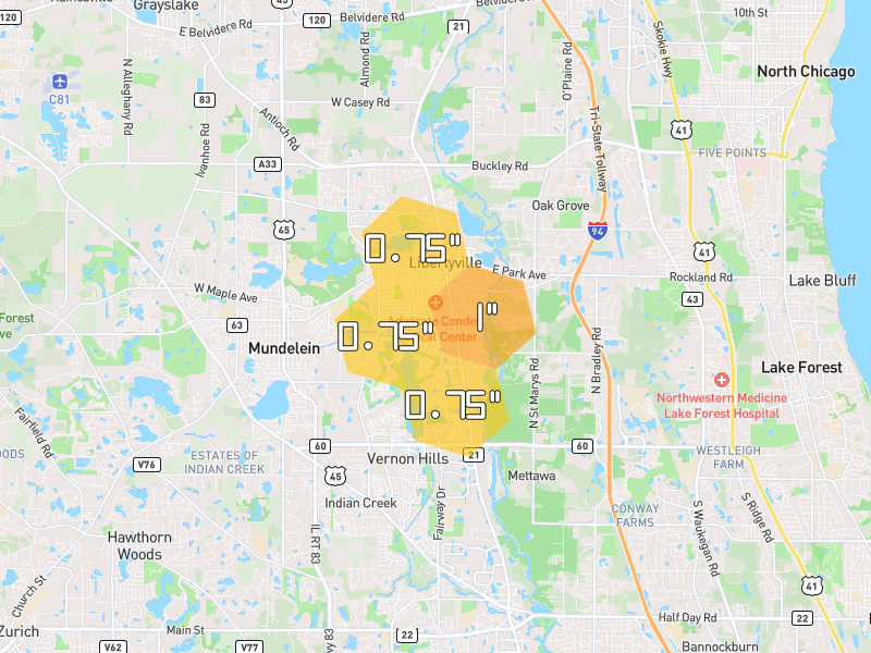 Hail map of Libertyville, IL on Jun 6, 2026, hail up to 1"