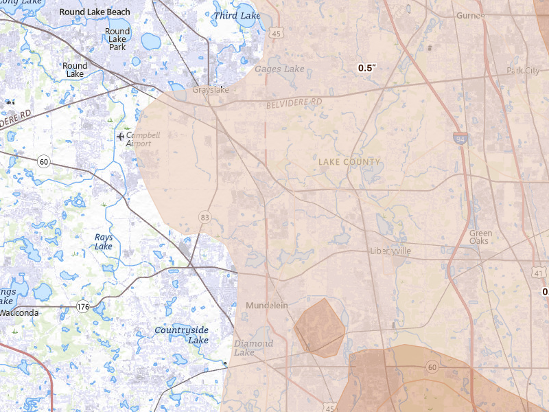 Radar-estimated hail-size map of the storm over Libertyville, IL on Jul 27, 2026