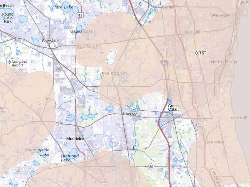 Radar-estimated hail-size map of the storm over Libertyville, IL on Aug 9, 2026