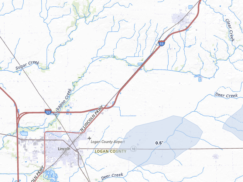 NEXRAD radar-signature map of the hail over Lincoln, IL