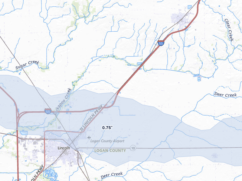 NEXRAD radar-signature map of the hail over Lincoln, IL