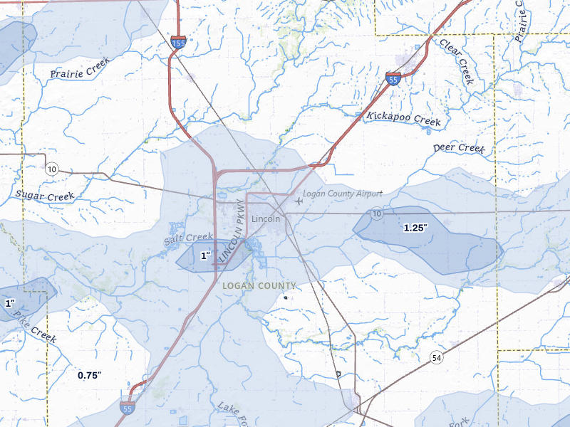 NEXRAD radar-signature map of the hail over Lincoln, IL