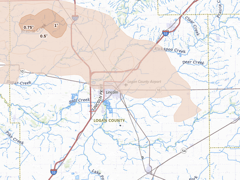 Radar-estimated hail-size map of the storm over Lincoln, IL on May 4, 2026